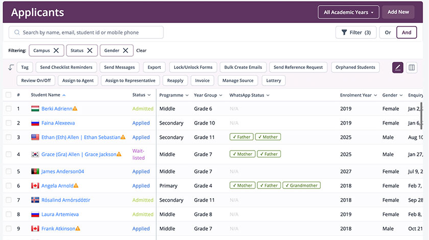 OpenApply applicants dashboard displaying student applications, admission statuses, filters and management tools