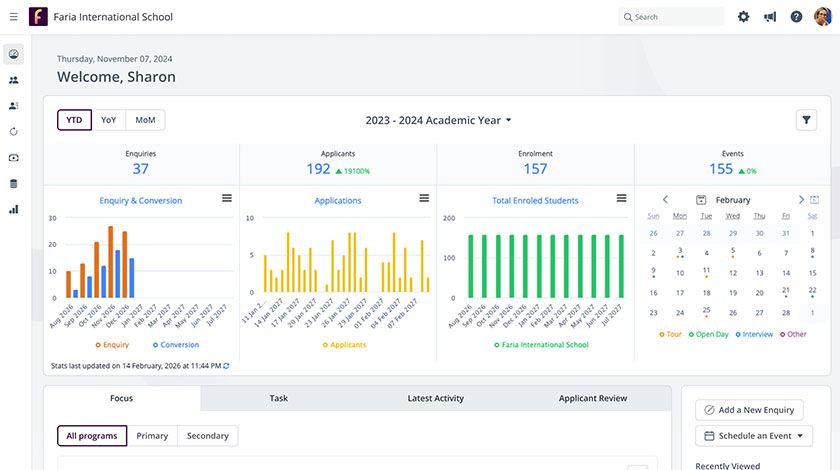 OpenApply school admissions dashboard displaying enquiries, applications, student enrolment statistics, charts and upcoming events.